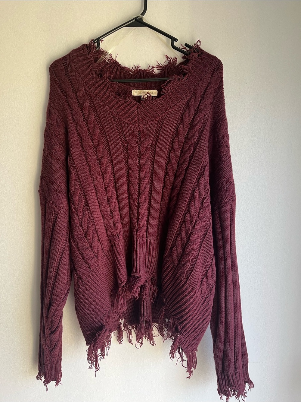 Rewind Burgundy Distressed Cable Knit Sweater